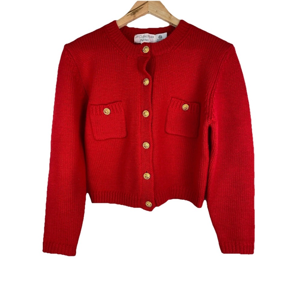 JH Collectibles Petites Womens P Red 100% Pure Wool Gold Button Cardigan Sweater